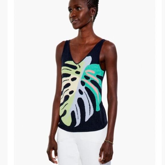 Monstera leaf V neck knit sweater tank top Nic+Zoe boho chic bohemian hippie - Picture 2 of 4